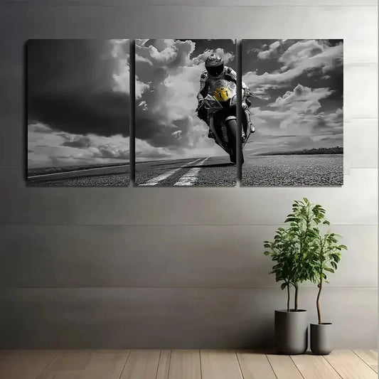 3pcs Black & White Motor Cyclist Art Painting Metal Print Ready to Hang Art