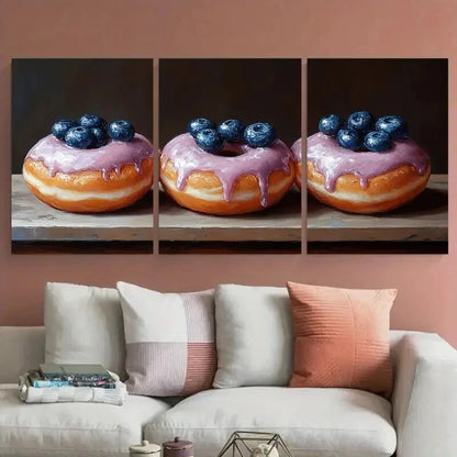 3pcs Donut with Blueberry Food Kitchen Metal Print Ready to Hang Art