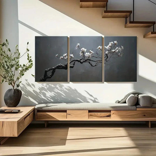 3pcs Abstract Blossom Branch Art Elegant White Metal Print Ready to Hang Art