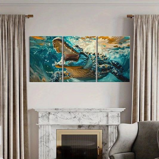 3pcs Crocodile Underwater Scene Abstract Wildlife Metal Print Ready to Hang Art