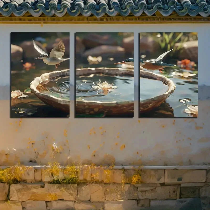 3pcs Vibrant Peace Dove with Pond Metal Print Ready to Hang Art