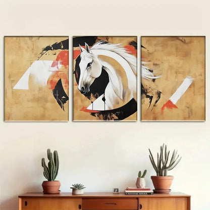 3pcs Abstract Horse Golden Accents and Black Metal Print Ready to Hang Art