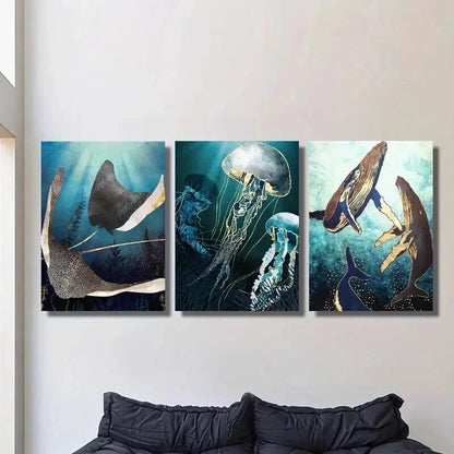 3pcs Whale Octopus Jellyfish Marine Life Wall Art Set Canvas Framed 40x60cm - High Quality Print 100% Australian Made Wall Canvas Ready to Hang