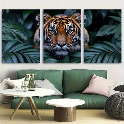 3pcs Bengal Tiger Stealthily Hiding In Rainforest Metal Print Ready to Hang Art