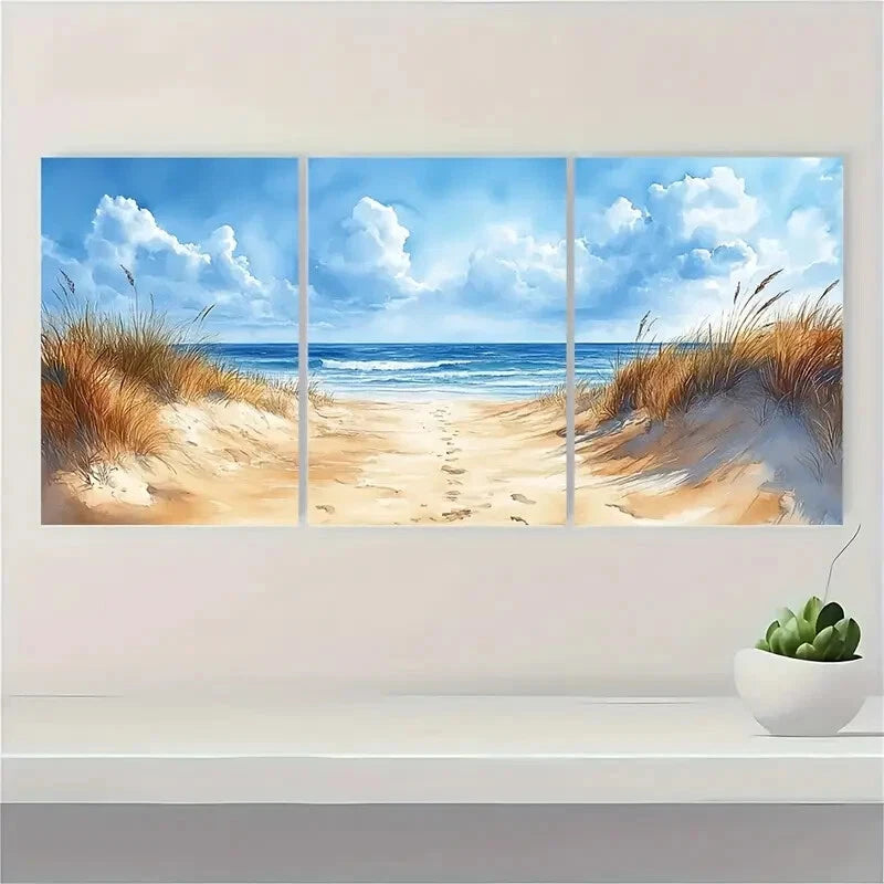 3pcs Sand Beach Painting Seascape Watercolor Metal Print Ready to Hang Art