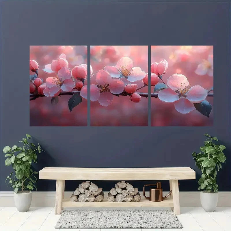 3pcs Pink &White Flower Branches on Red Background Metal Print Ready to Hang Art