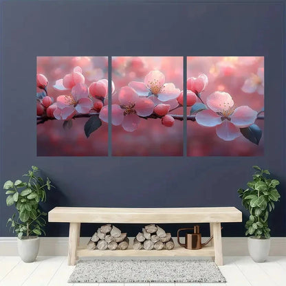 3pcs Pink &White Flower Branches on Red Background Metal Print Ready to Hang Art