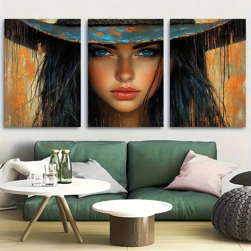 3pcs Brunette Western Woman Portrait Dripping Metal Print Ready to Hang Art