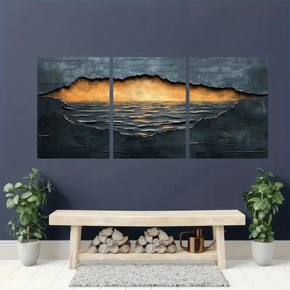 3pcs Beige, Black & Brown Textured Abstract Metal Print Ready to Hang Art