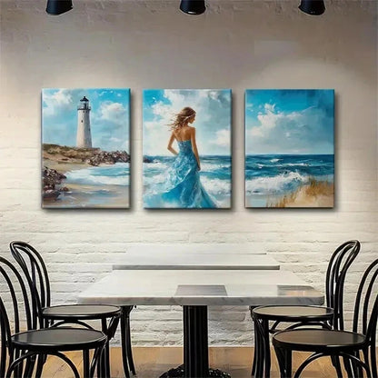 3pcs Coastal Serenity Lighthouse Ocean Perfect Wall Art Set Canvas Framed 40x60cm - High Quality Print 100% Australian Made Wall Canvas Ready to Hang