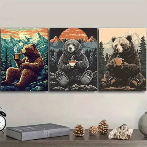 3pcs A Grizzly Bear Sipping Coffee Wall Art Set Canvas Unframed – High Quality Print 100% Australian Made Wall Canvas