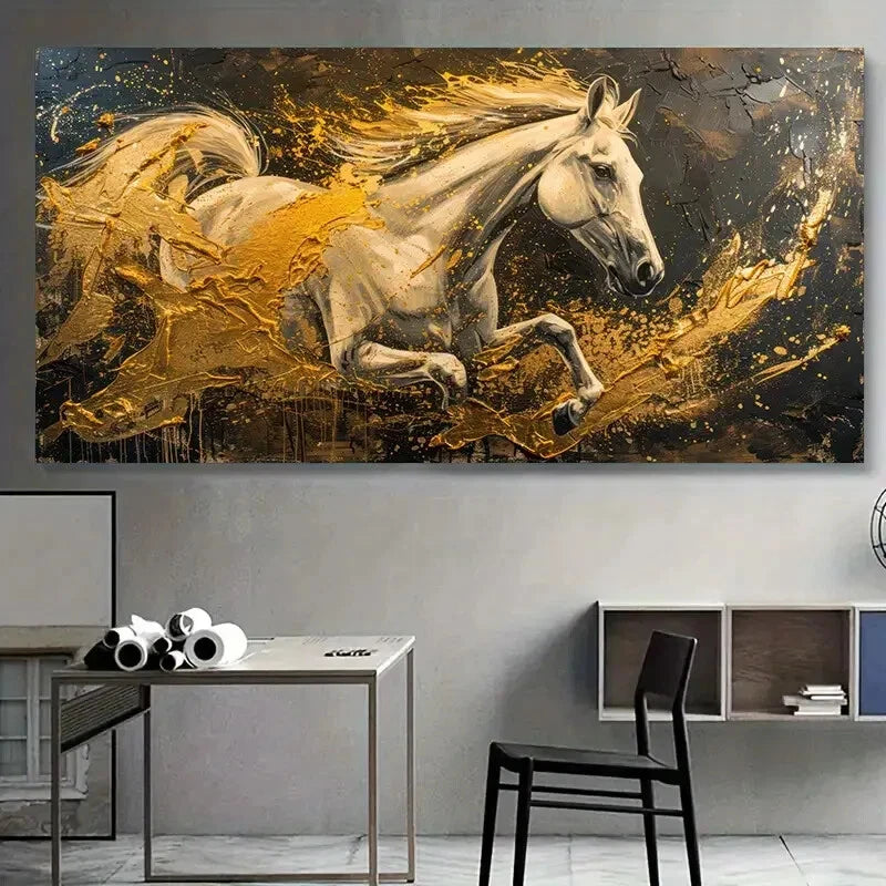 Abstract Yellow Horse wall canvas office home room framed 120x60cm - Bella Home Decor