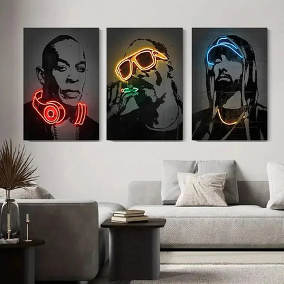 3pcsNeon Light Hip-Hop Stars Street Art Metal Print Ready to Hang Art