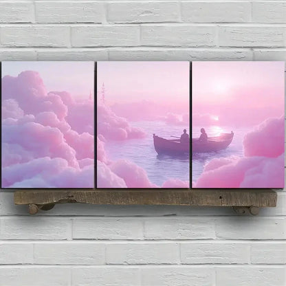 3pcs A Ship in the Pink Sea of Clouds Metal Print Ready to Hang Art
