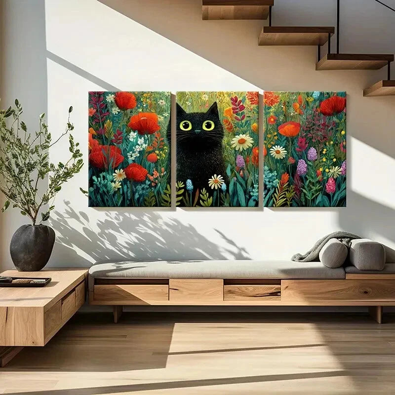 3pcs Black Cat & Vibrant Flowers Canvas Poster Metal Print Ready to Hang Art
