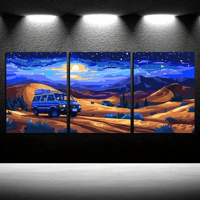 3pcs Desert Sunset Vibrant Landscape with Van Metal Print Ready to Hang Art