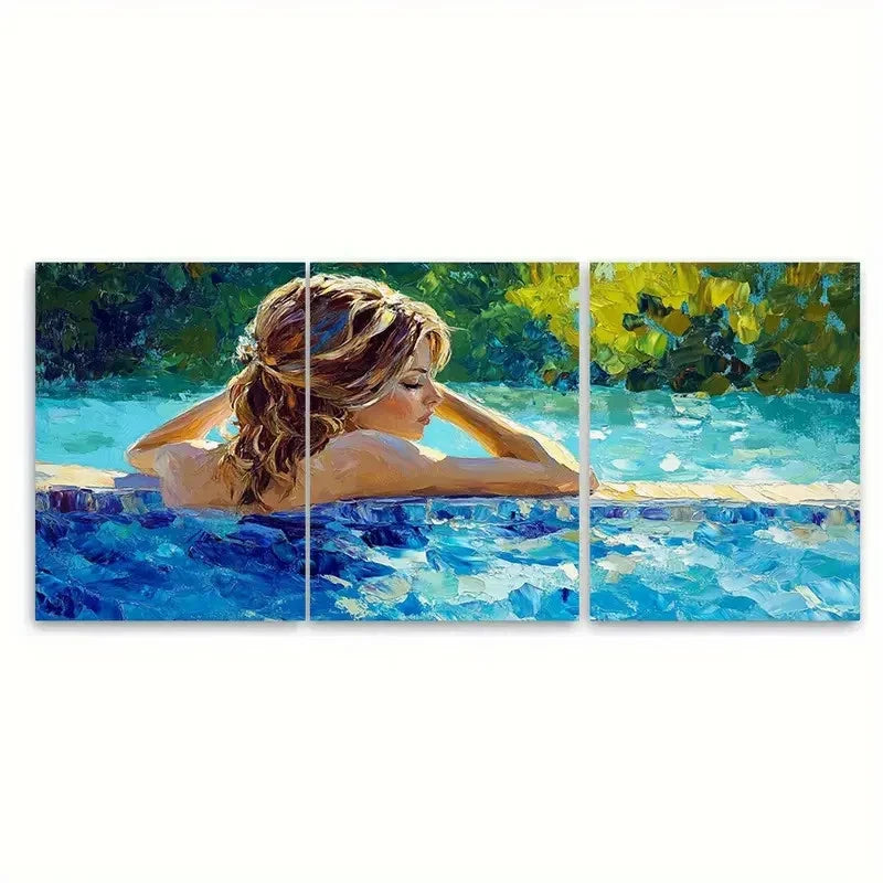 3pcs Woman by Pool Relaxing Summer Tranquility Wall Art Set Canvas Framed 60x90cm - High Quality Print 100% Australian Made Wall Canvas Ready to Hang