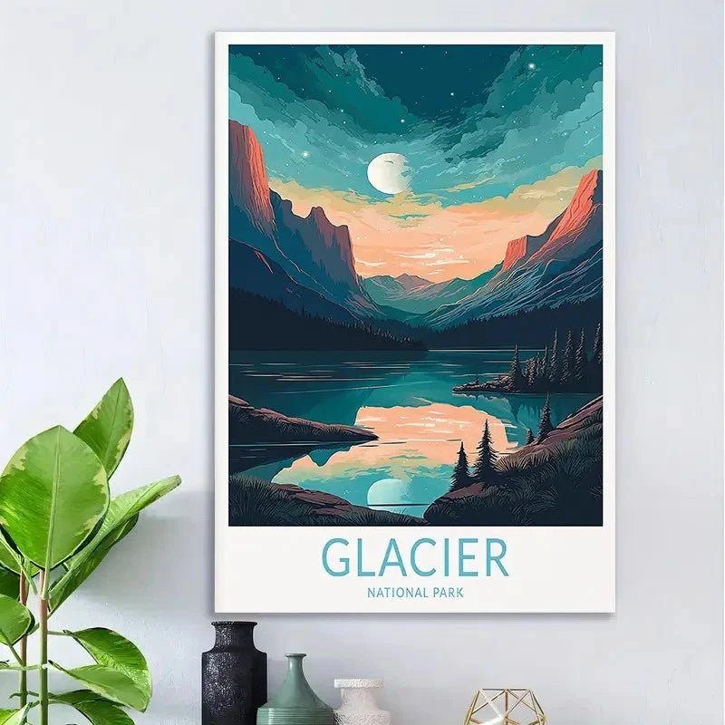 Glacier National Park Vintage Mountain Travel Poster Print Wall Art