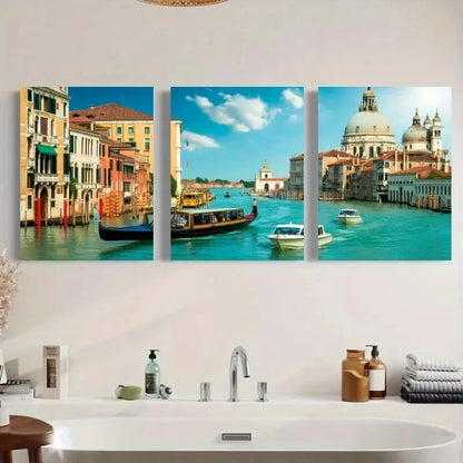 3pcs Venetian Cityscape Canal Dome Boats Metal Print Ready to Hang Art