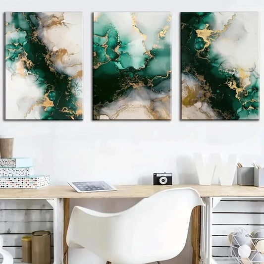 3pcs Modern Emerald Green & Gold Abstract Wall Art Set Canvas Framed 40x60cm - High Quality Print 100% Australian Made Wall Canvas Ready to Hang