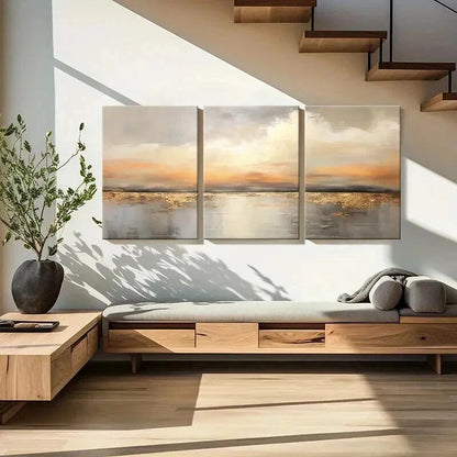 3pcs Abstract Golden Hour Lake Reflection Wall Art Set Canvas Framed 40x60cm - High Quality Print 100% Australian Made Wall Canvas Ready to Hang