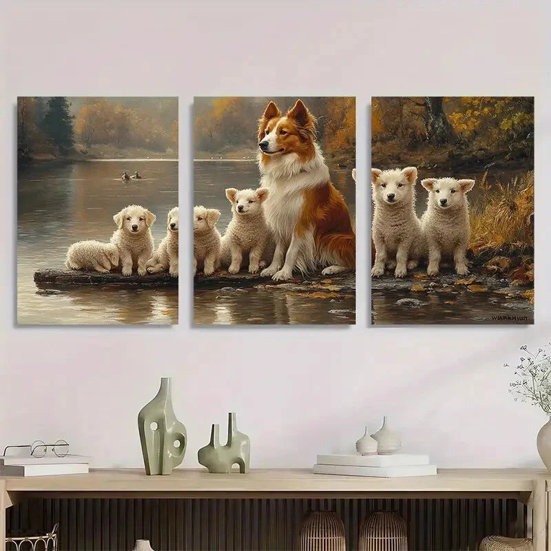 3pcs Collie Dog & Lamb Nature Scenery Metal Print Ready to Hang Art