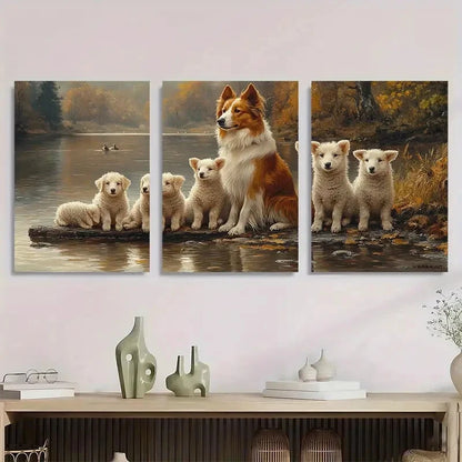 3pcs Collie Dog & Lamb Nature Scenery Metal Print Ready to Hang Art