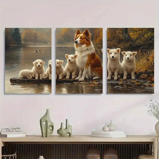 3pcs Collie Dog & Lamb Nature Scenery Metal Print Ready to Hang Art