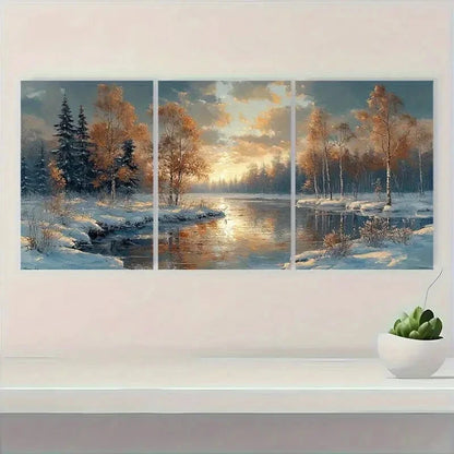 3pcs Snowy River Scene with Golden Sunset Metal Print Ready to Hang Art