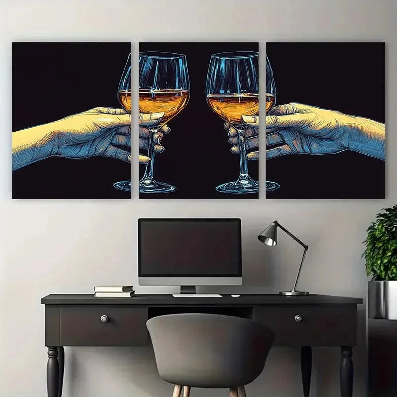 3pcs Minimalist Line Drawing Hands Cheers Wine Metal Print Ready to Hang Art