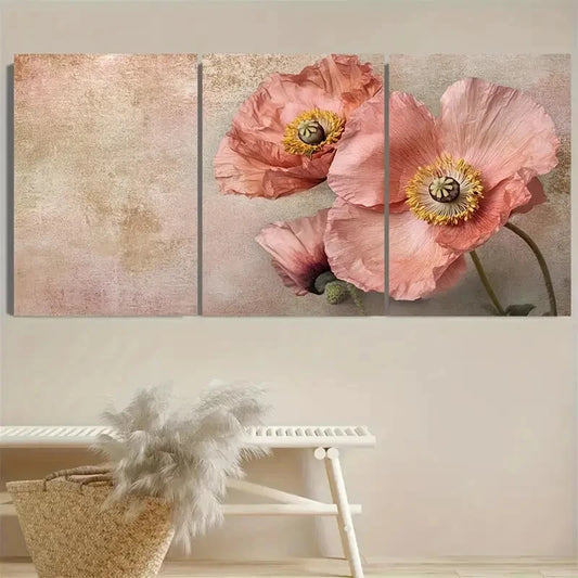 3pcs Pink Poppy Floral Rustic Botanical Design Metal Print Ready to Hang Art