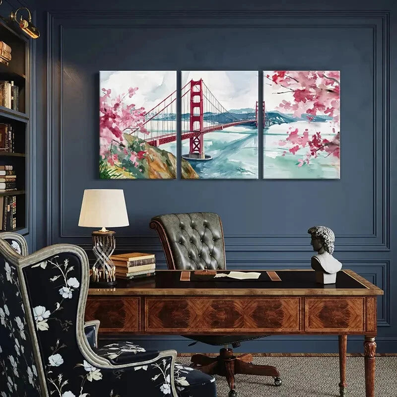 3pcs Golden Gate Bridge Cherry Blossoms Poster Metal Print Ready to Hang Art