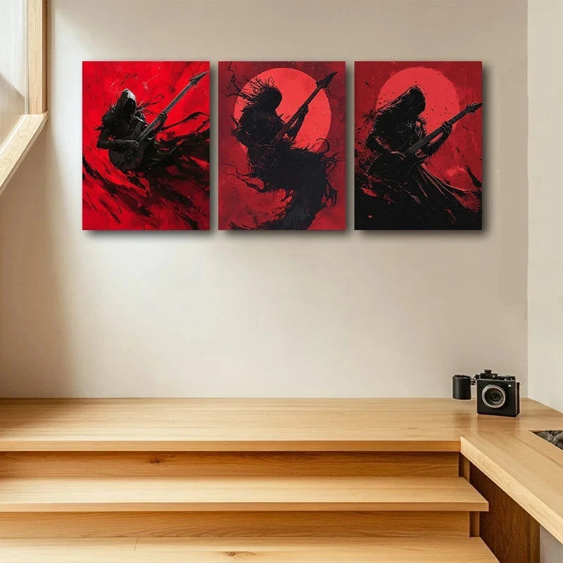 3pcs Dark Guitar Trio Black and Red Illustrations Metal Print Ready to Hang Art
