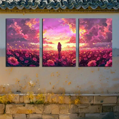 3pcs Enchanting Sunset with Girl in Floral Field Metal Print Ready to Hang Art