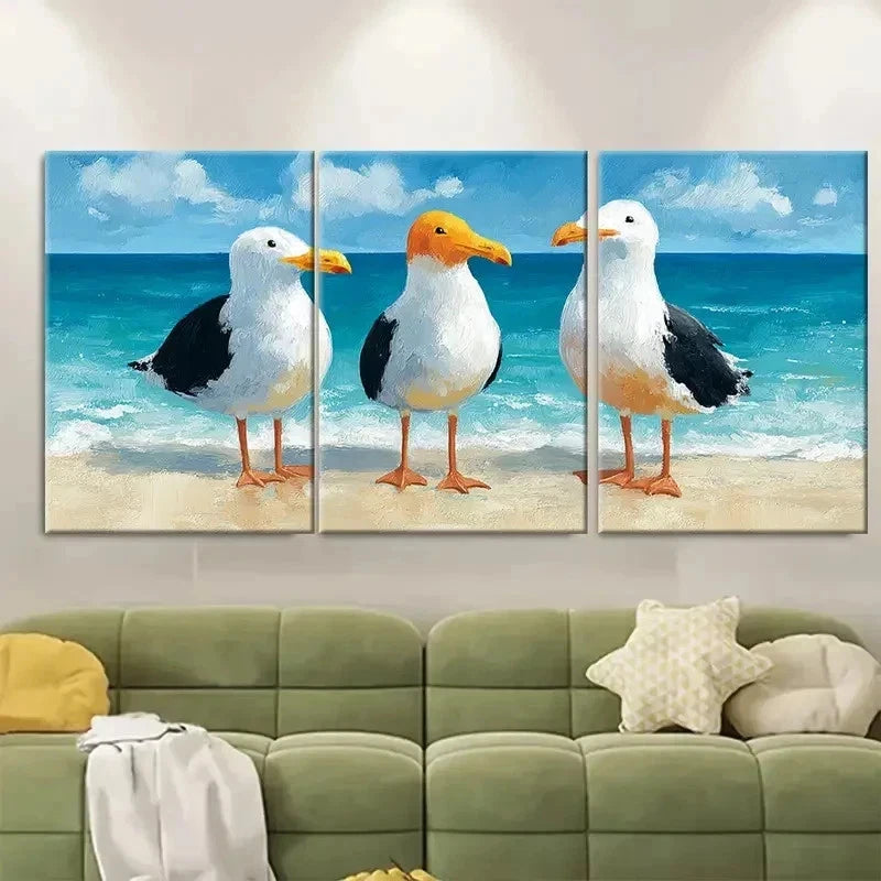 3pcs Seamless Beach Seagulls Coastal Ocean Metal Print Ready to Hang Art