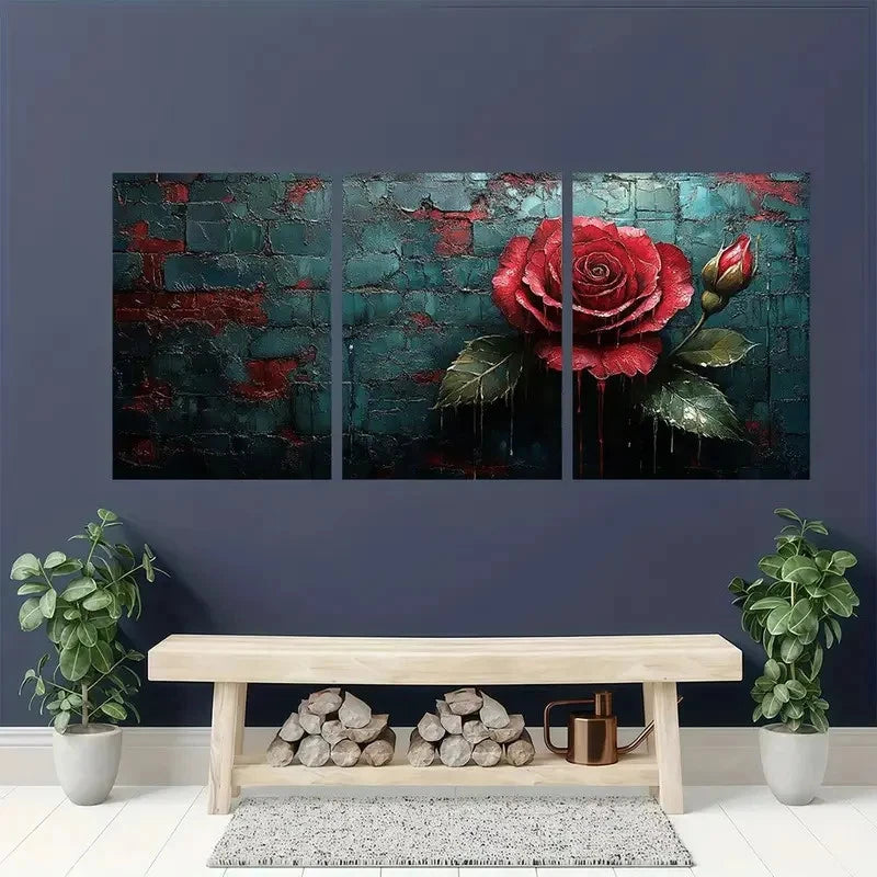 3pcs Bright Red Roses & Green Leaves Metal Print Ready to Hang Art