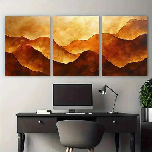 3pcs Vibrant Modern Abstract Golden Brown Wall Art Set Canvas Framed 40x60cm - High Quality Print 100% Australian Made Wall Canvas Ready to Hang