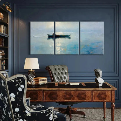 3pcs Abstract Ocean Scene Solitary Boat Metal Print Ready to Hang Art