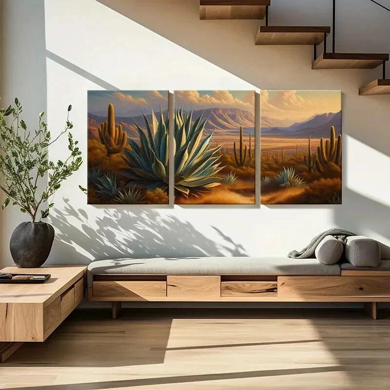 3pcs Vibrant Cactus & Mountain Sunset Scene Metal Print Ready to Hang Art