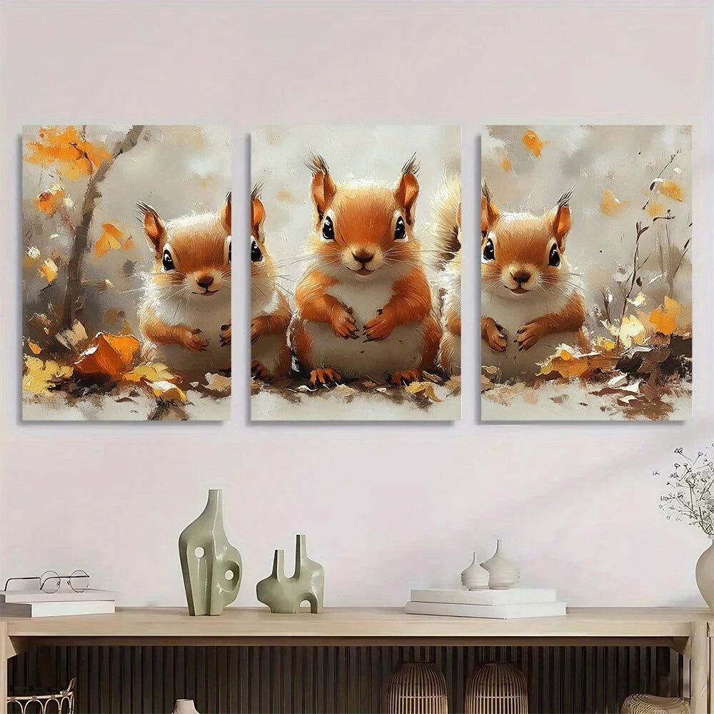 3pcs Adorable Red Squirrel Family Metal Print Ready to Hang Art