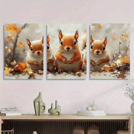 3pcs Adorable Red Squirrel Family Metal Print Ready to Hang Art