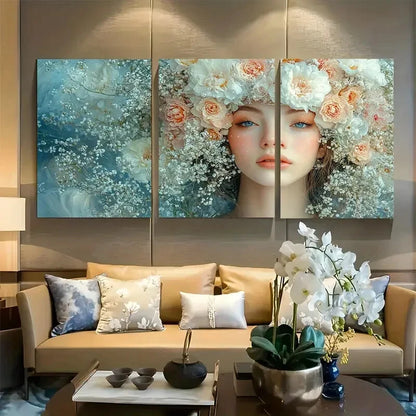 3pcs Dreamy Floral Woman with Flowers in Hair Metal Print Ready to Hang Art