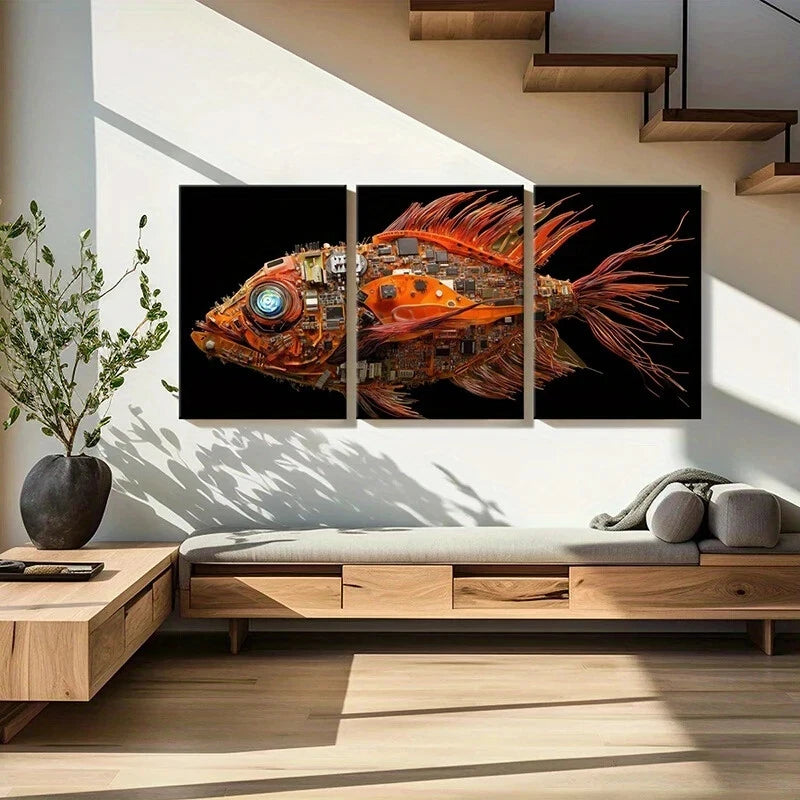 3pcs Abstract Robotic Fish Electronics Art Metal Print Ready to Hang Art