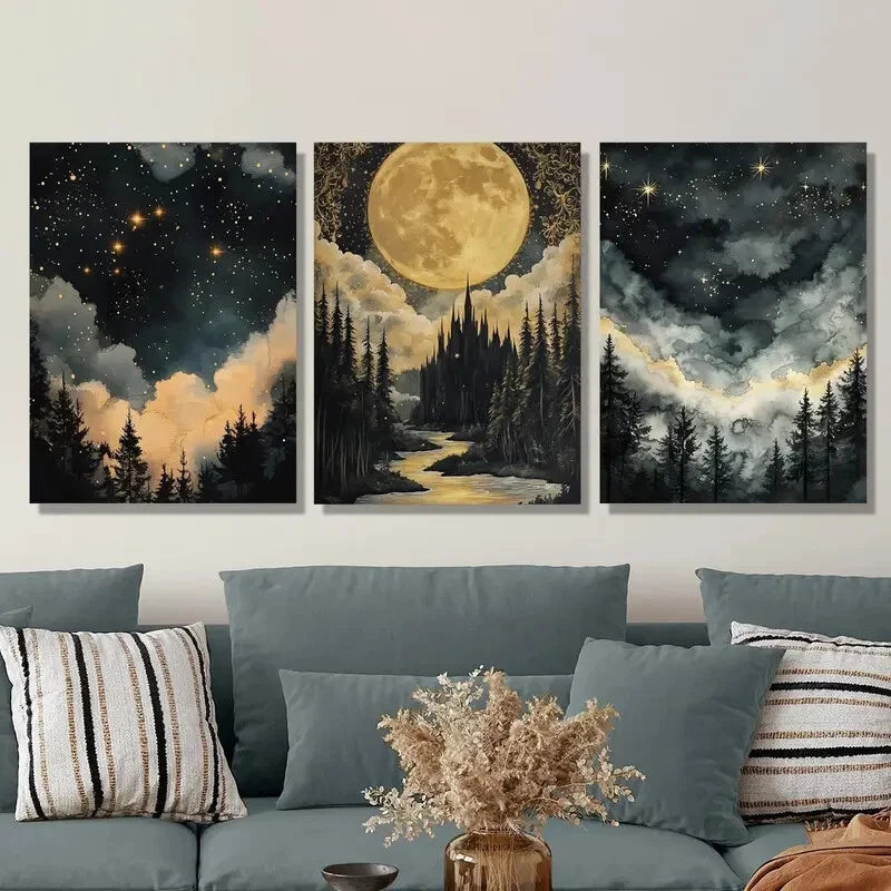 3pcs The woods under the stars, the moonlight Metal Print Ready to Hang Art