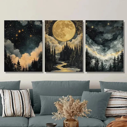 3pcs The woods under the stars, the moonlight Metal Print Ready to Hang Art