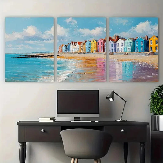 3pcs Worthing West Sussex Coastal Illustration Wall Art Set Canvas Framed 40x60cm - High Quality Print 100% Australian Made Wall Canvas Ready to Hang