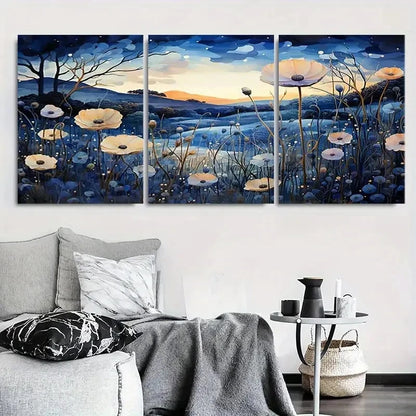 3pcs Blue and White Poppy Flower Metal Print Ready to Hang Art