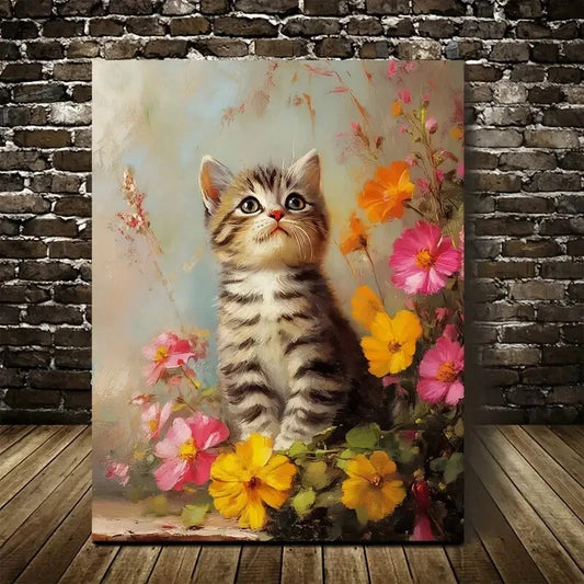 Cute American Shorthair Kitten with Flowers & Plants  40x60cm Metal Print Ready to Hang