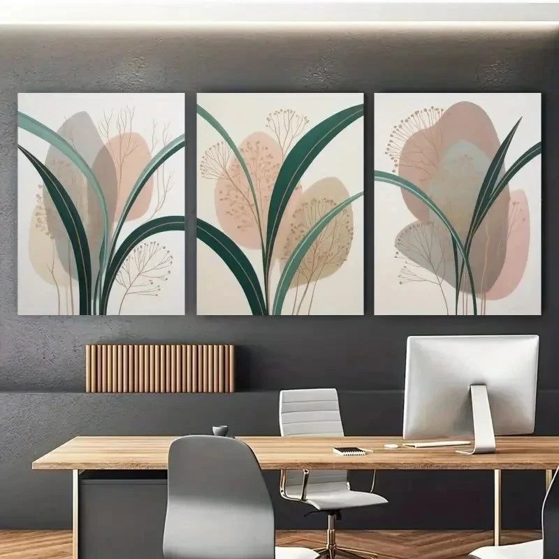 3pcs Eucalyptus Leaves Abstract Painting Metal Print Ready to Hang Art