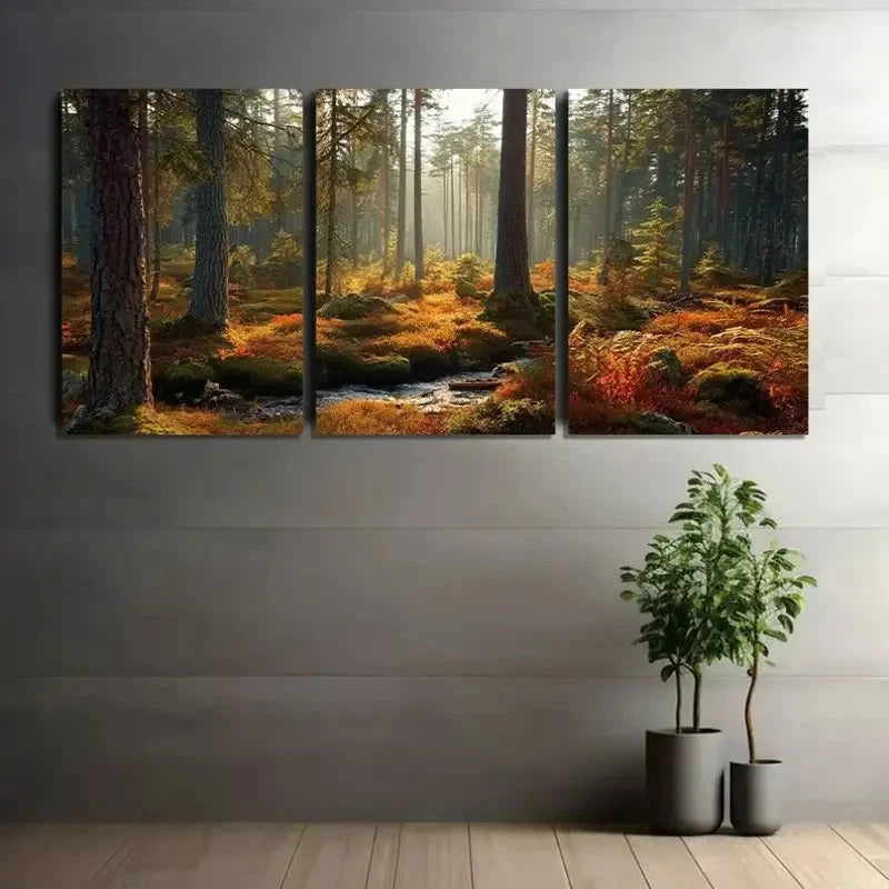 3pcs Moss-Covered Ground in a Forest Painting Metal Print Ready to Hang Art